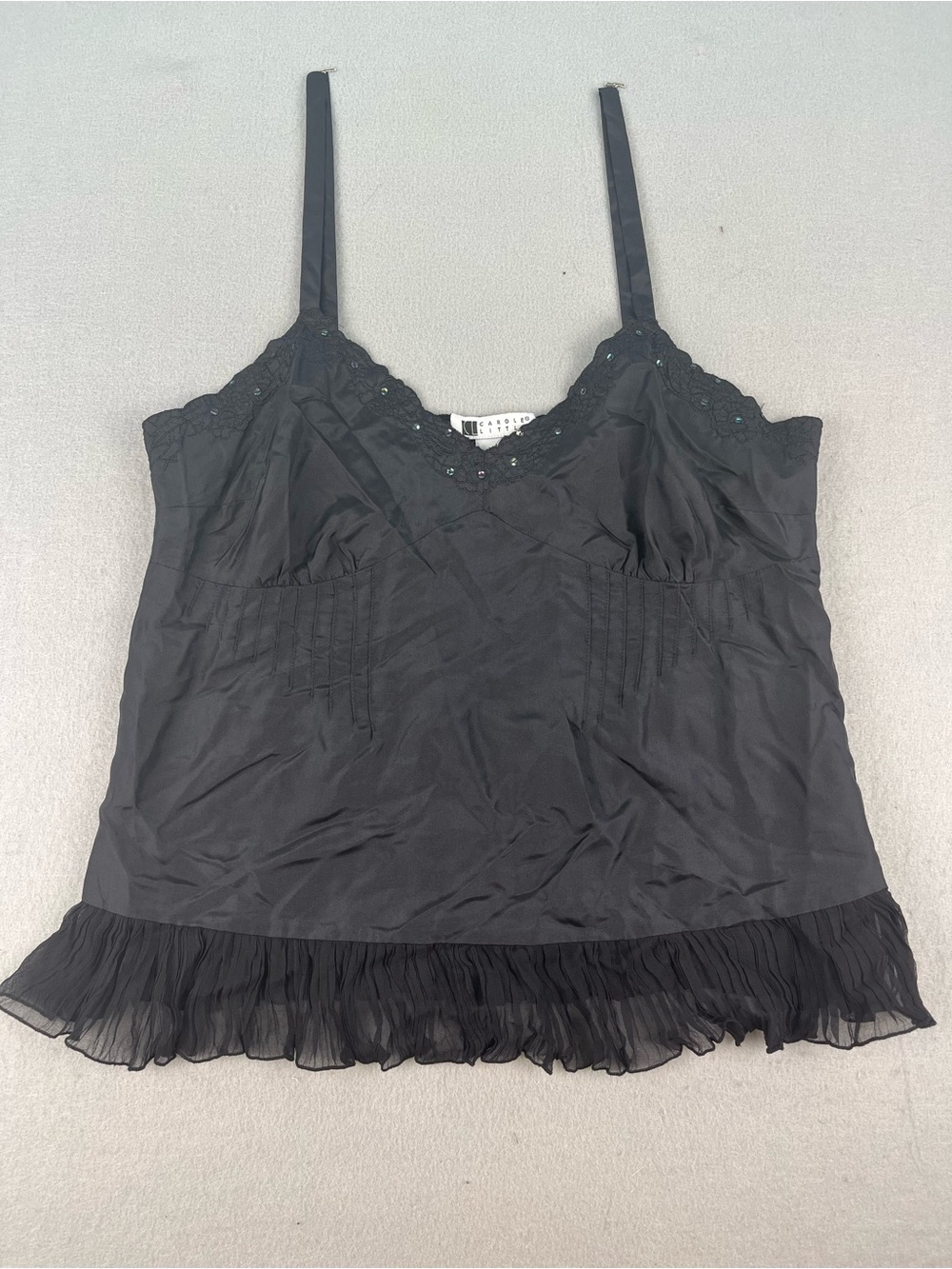 Vintage Y2K Carole Little 100% Silk Black Embroidered Floral Crop Tank Top Small